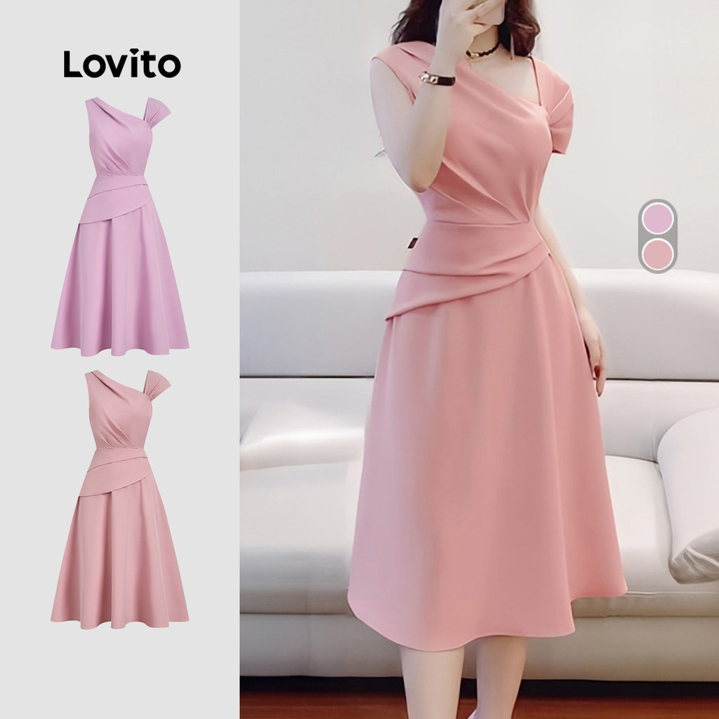 Lovito Vestido Elegante Assimétrico Plissado Primavera/verão Rosa para Mulheres L172LD1314 Lovito Vestido Elegante Assimétrico Plissado Primavera/verão Rosa para Mulheres L172LD1314