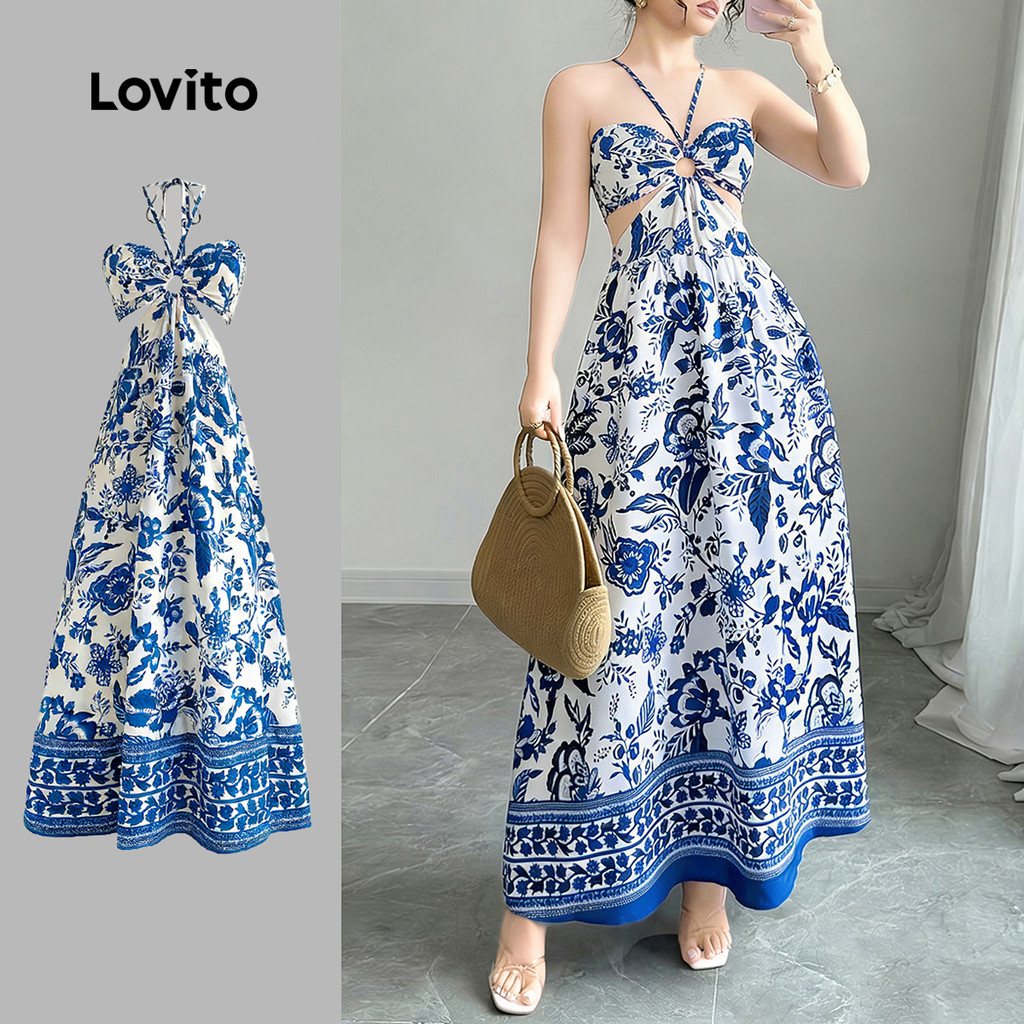 Lovito Vestido Boho Oco Primavera/verão Vestido Azul para Mulheres LK3LD314 Lovito Vestido Boho Oco Primavera/verão Vestido Azul para Mulheres LK3LD314