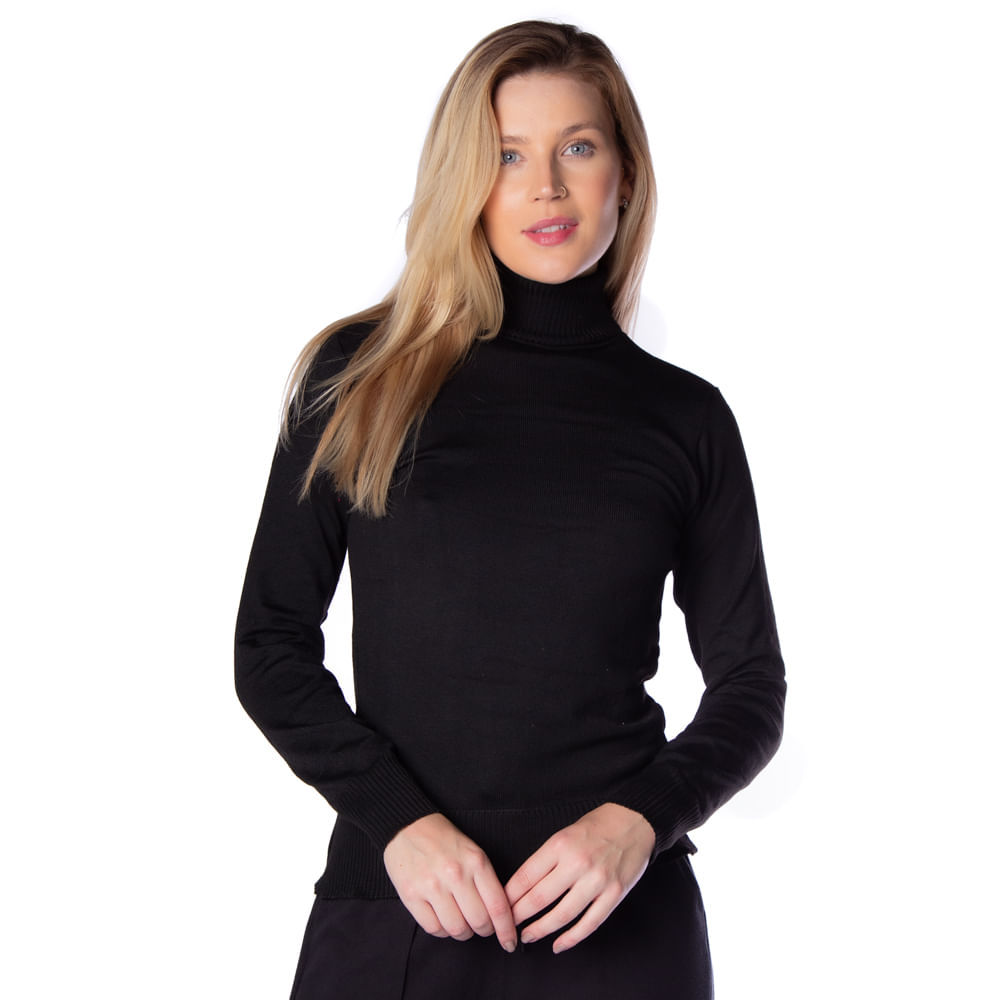 Blusa Básica Feminina Oliveira Malhas em Tricot com Gola Alta Preto Blusa Básica Feminina Oliveira Malhas em Tricot com Gola Alta Preto
