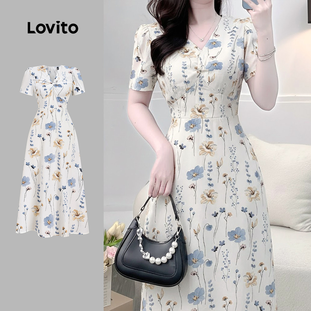 Lovito Vestido Elegante Estampado Floral Nó Primavera/verão Branco para Mulheres L177ED381 Lovito Vestido Elegante Estampado Floral Nó Primavera/verão Branco para Mulheres L177ED381