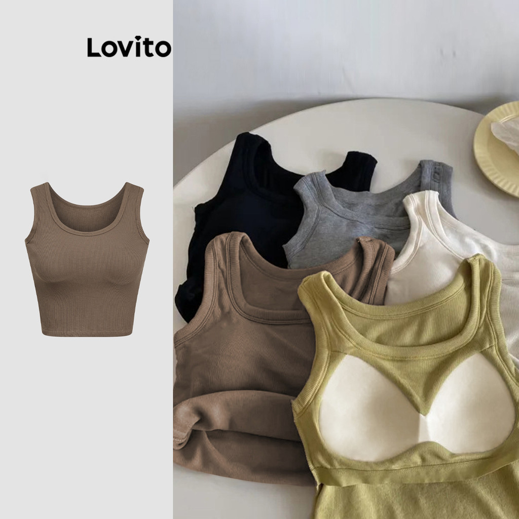 Lovito Regata Casual Lisa Básica Regata Para Mulheres LNE16170 (Café/Branco) Lovito Regata Casual Lisa Básica Regata Para Mulheres LNE16170 (Café/Branco)
