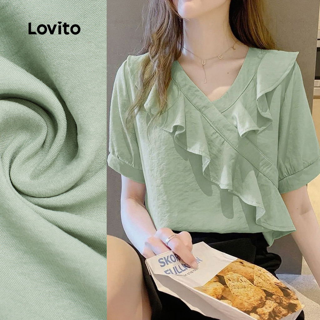 Lovito Blusa Casual Assimétrica Primavera/verão Blusa Verde Claro para Mulheres L166AD362 Lovito Blusa Casual Assimétrica Primavera/verão Blusa Verde Claro para Mulheres L166AD362