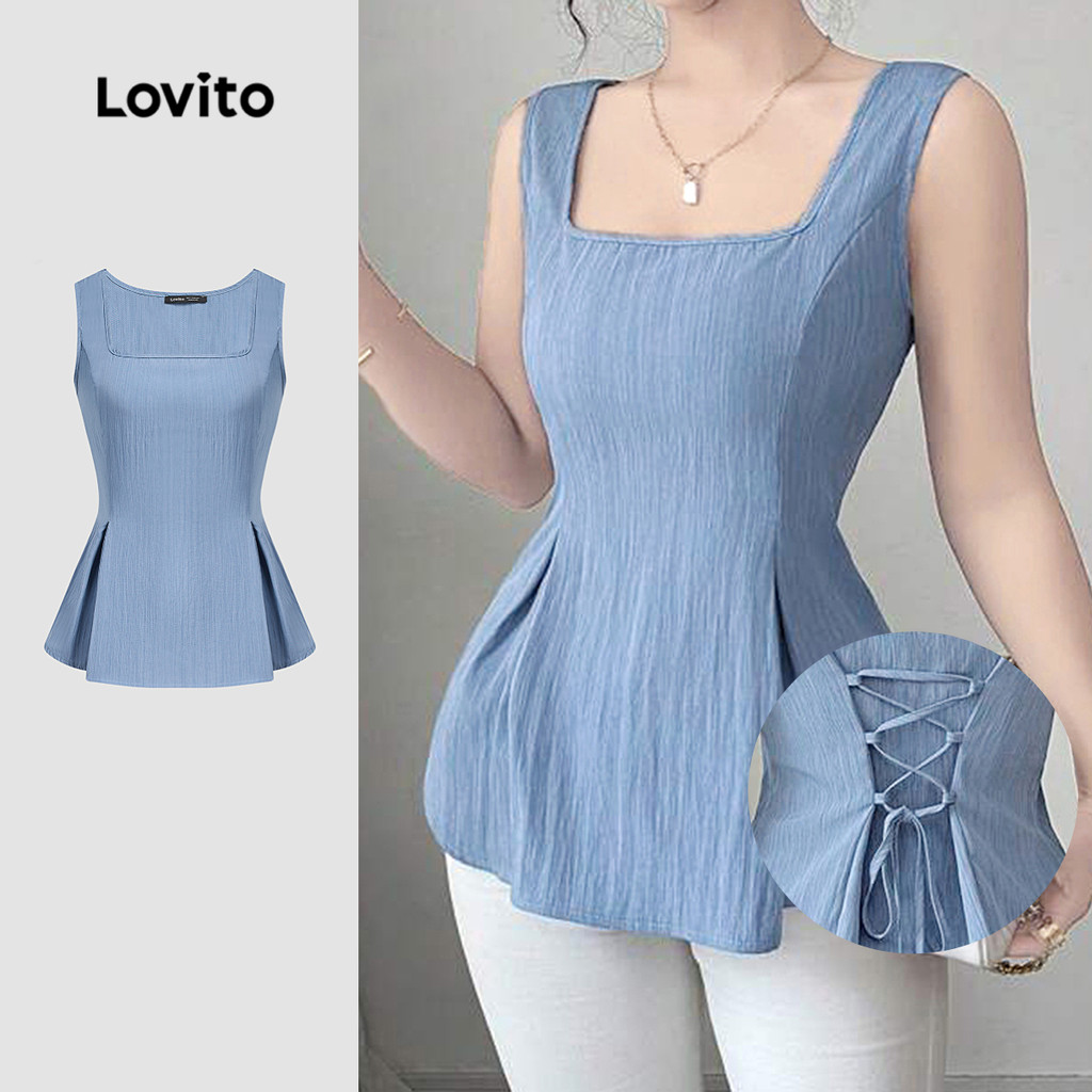 Lovito Regata Casual Plissada Primavera/verão Azul Para Mulheres L134ED758 Lovito Regata Casual Plissada Primavera/verão Azul Para Mulheres L134ED758