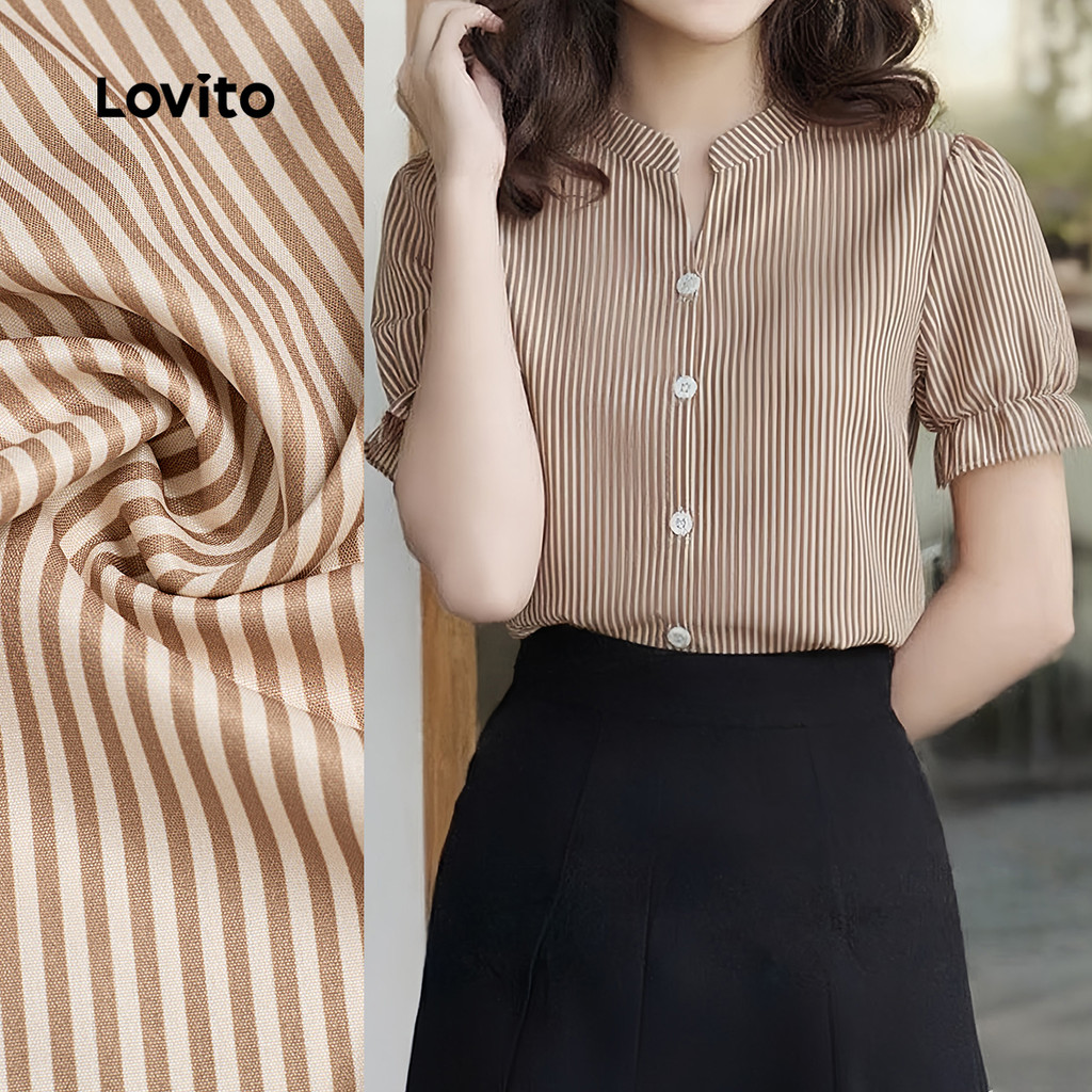 Lovito Blusa Casual Clássica E Versátil Com Botões Frontais E Babados Primavera/verão Na Cor Marrom Mulheres L164ED1049 Lovito Blusa Casual Clássica E Versátil Com Botões Frontais E Babados Primavera/verão Na Cor Marrom Mulheres L164ED1049