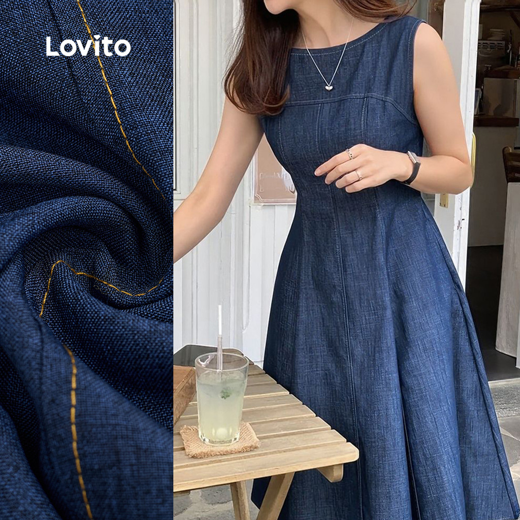 Lovito Vestido Casual Lavagem Crua Férias Encontros Viagens Primavera/verão Azul Escuro Vestido para Mulheres L164ED376 Lovito Vestido Casual Lavagem Crua Férias Encontros Viagens Primavera/verão Azul Escuro Vestido para Mulheres L164ED376