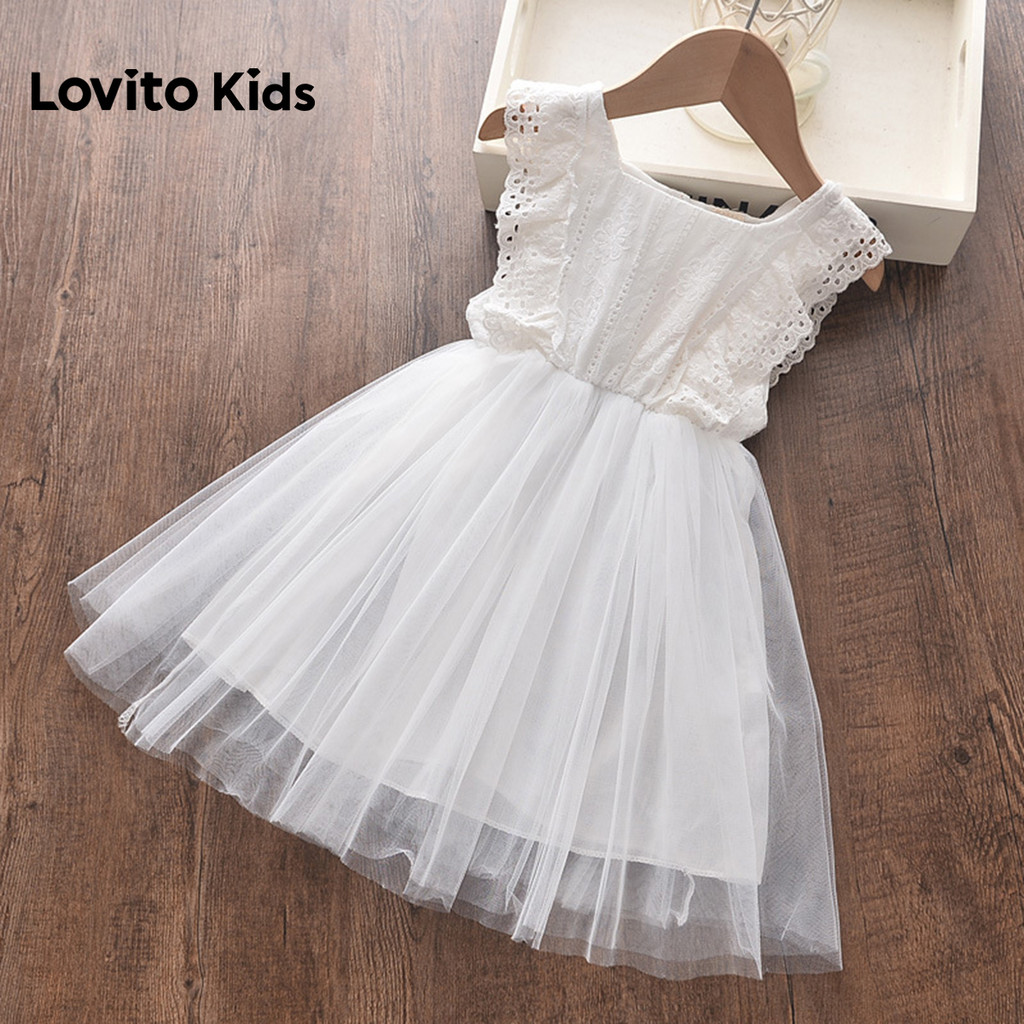 Lovito Kids Vestido Casual com Contraste de Malha Bordado em Ilhós para Primavera/verão Branco para Menina. LNL132441 Lovito Kids Vestido Casual com Contraste de Malha Bordado em Ilhós para Primavera/verão Branco para Menina. LNL132441
