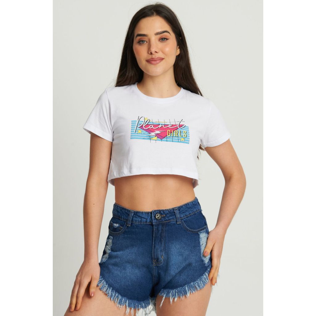 Cropped Feminino Logo Com Glitter Planet Girls Branco Cropped Feminino Logo Com Glitter Planet Girls Branco