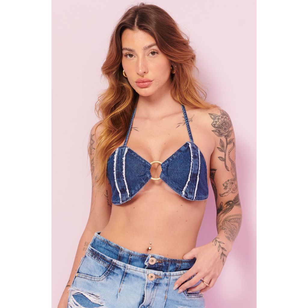 Top Feminino Com Argola Frontal Planet Girls Azul Escuro Top Feminino Com Argola Frontal Planet Girls Azul Escuro
