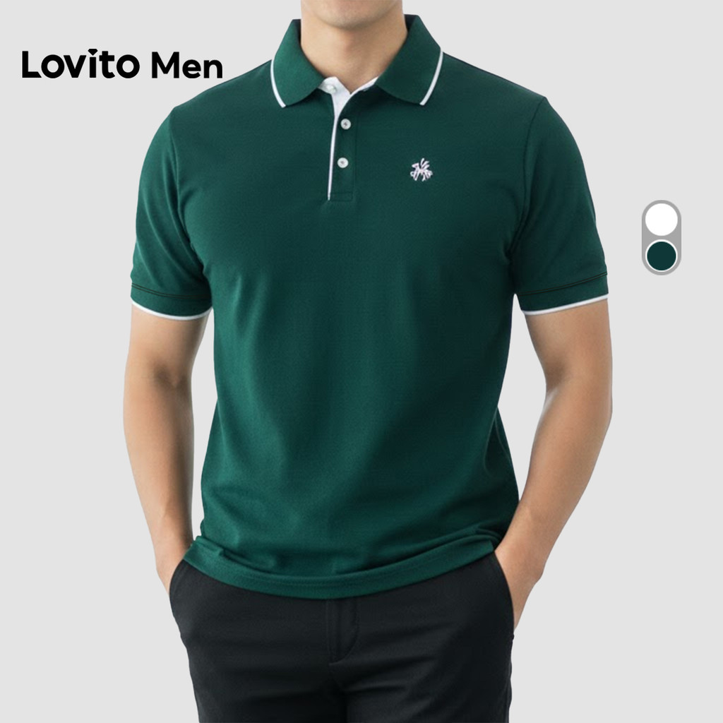 Lovito Men Camisa Polo Casual com Acabamento Contrastado Primavera/verão Camisa Polo Branca para Homens LNE131070 Lovito Men Camisa Polo Casual com Acabamento Contrastado Primavera/verão Camisa Polo Branca para Homens LNE131070