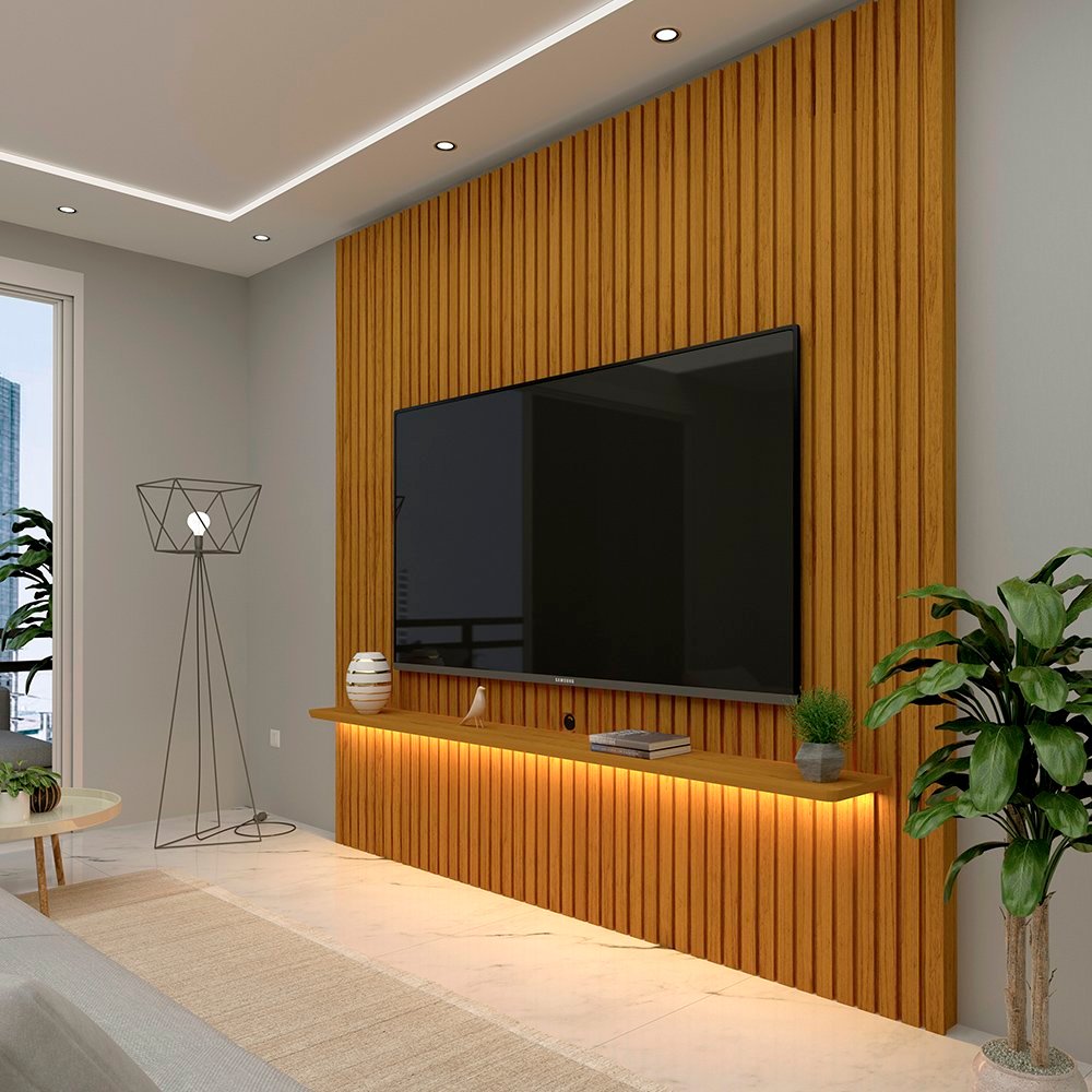 Painel Ripado para TV até 90 Polegadas com LED 100% MDF 230cmx250cm Nobre Naturale Painel Ripado para TV até 90 Polegadas com LED 100% MDF 230cmx250cm Nobre Naturale