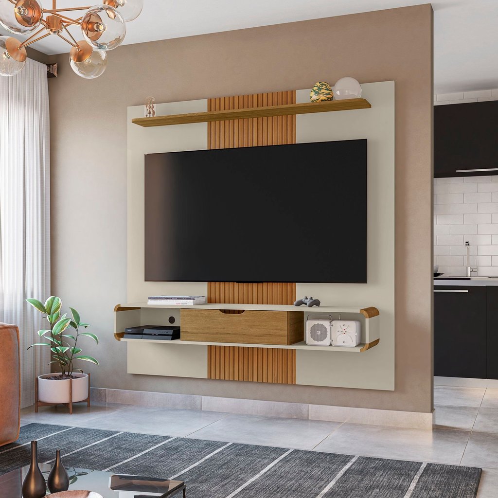 Painel para TV até 65 Polegadas 158,4cmx160,5cm Lisboa Off White/Cinamomo/Ripado Painel para TV até 65 Polegadas 158,4cmx160,5cm Lisboa Off White/Cinamomo/Ripado
