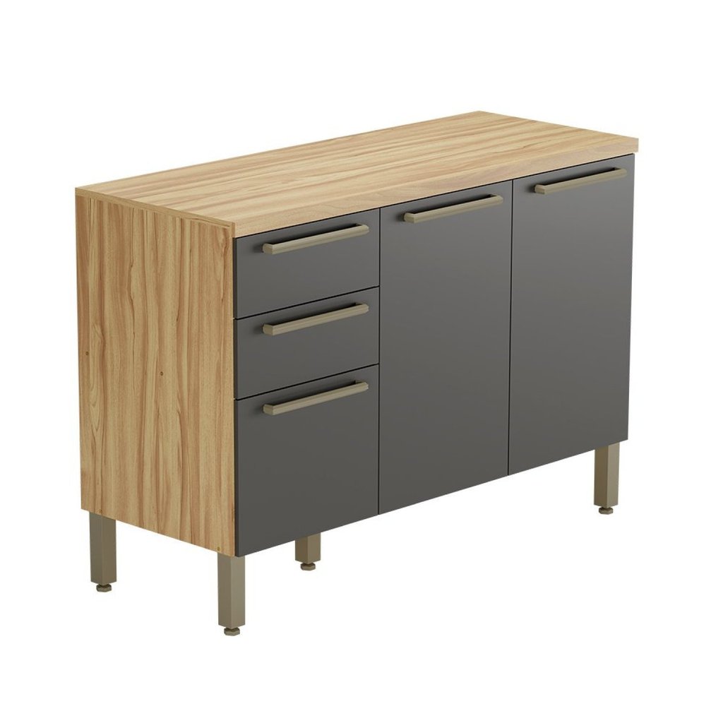 Balcão de Cozinha 120cm com 3 Portas 2 Gavetas e Tampo 100% Mdf Itália Espresso Móveis Amêndoa/Chumbo Balcão de Cozinha 120cm com 3 Portas 2 Gavetas e Tampo 100% Mdf Itália Espresso Móveis Amêndoa/Chumbo