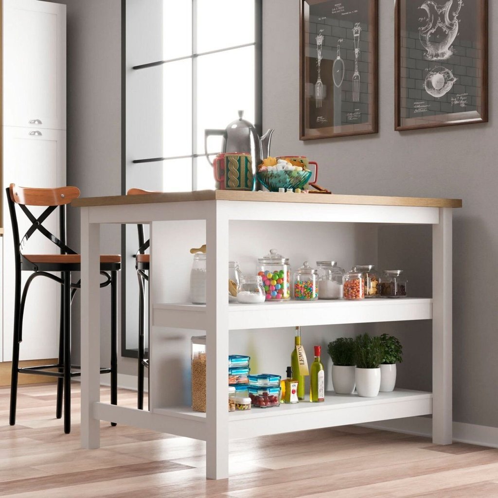 Ilha Bancada Alta para Cozinha 2 Prateleiras 120cm x 90,5cm Denver Branco Ilha Bancada Alta para Cozinha 2 Prateleiras 120cm x 90,5cm Denver Branco
