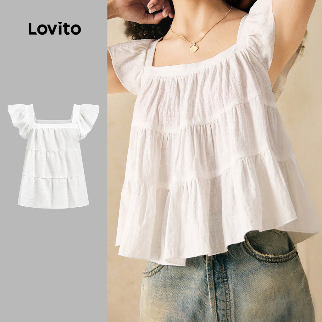 Lovito Blusa Feminina Casual com Babados Franzidos Primavera/verão Blusa Branca LK3ED1054 Lovito Blusa Feminina Casual com Babados Franzidos Primavera/verão Blusa Branca LK3ED1054