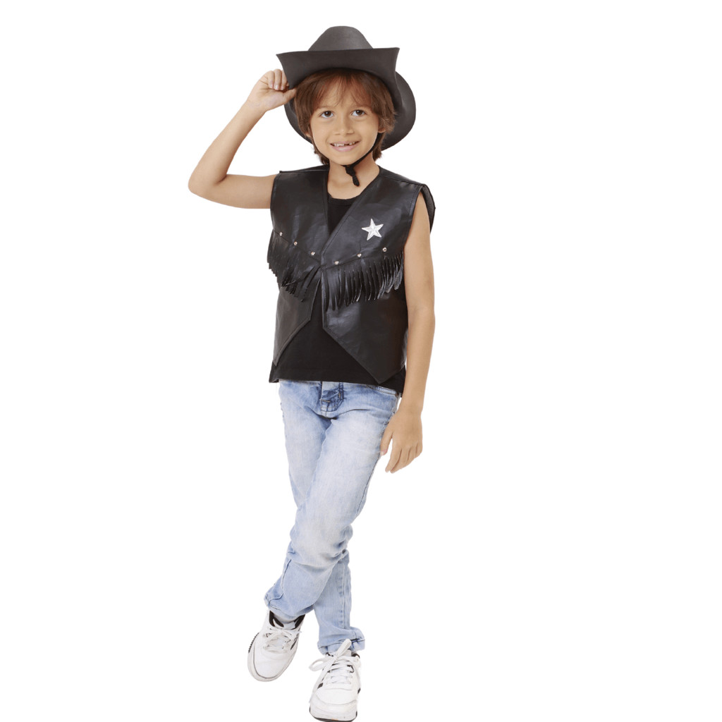 Fantasia Cowboy Infantil Preto Chapéu E Colete Com Franjas Fantasia Cowboy Infantil Preto Chapéu E Colete Com Franjas