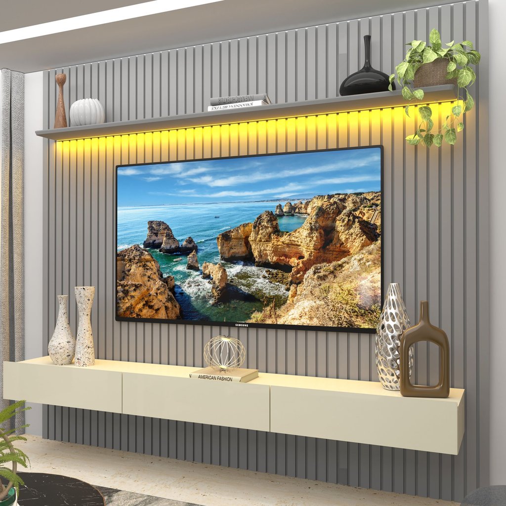 Rack com Painel Ripado para TV até 90 Polegadas com LED 100% MDF 228,8cmx250cm 3 Gavetas Cinza/Off White Rack com Painel Ripado para TV até 90 Polegadas com LED 100% MDF 228,8cmx250cm 3 Gavetas Cinza/Off White