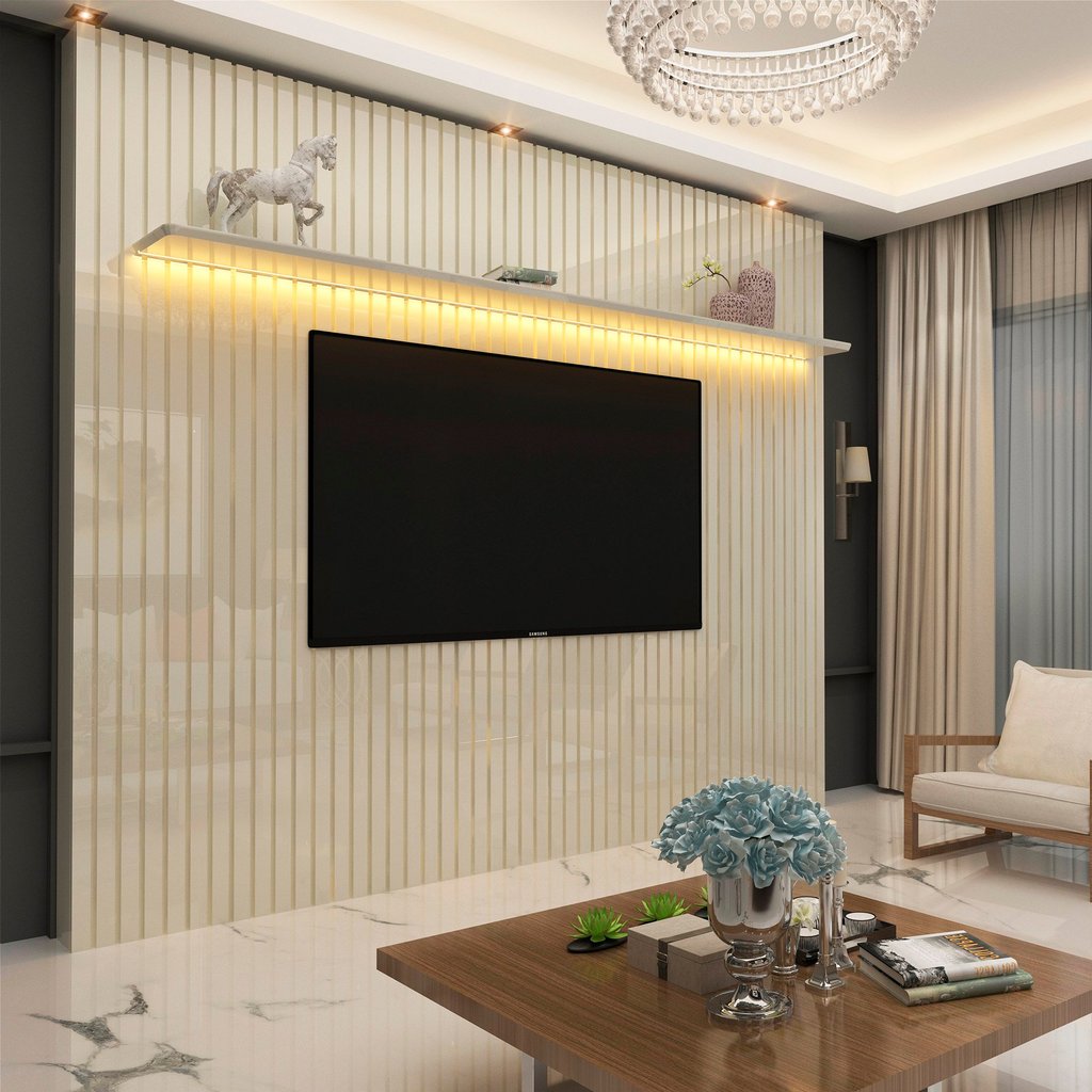 Painel Ripado para TV até 90 Polegadas com LED 100% MDF 230cmx250cm Nobre Off White Painel Ripado para TV até 90 Polegadas com LED 100% MDF 230cmx250cm Nobre Off White