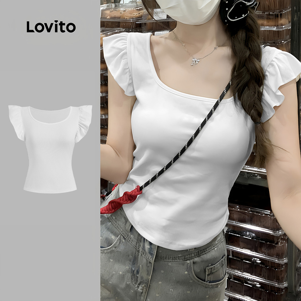 Lovito Camiseta Fofa para O Lazer e para O Dia a Dia Camiseta Branca de Primavera/verão para Mulheres LK5AD188 Lovito Camiseta Fofa para O Lazer e para O Dia a Dia Camiseta Branca de Primavera/verão para Mulheres LK5AD188
