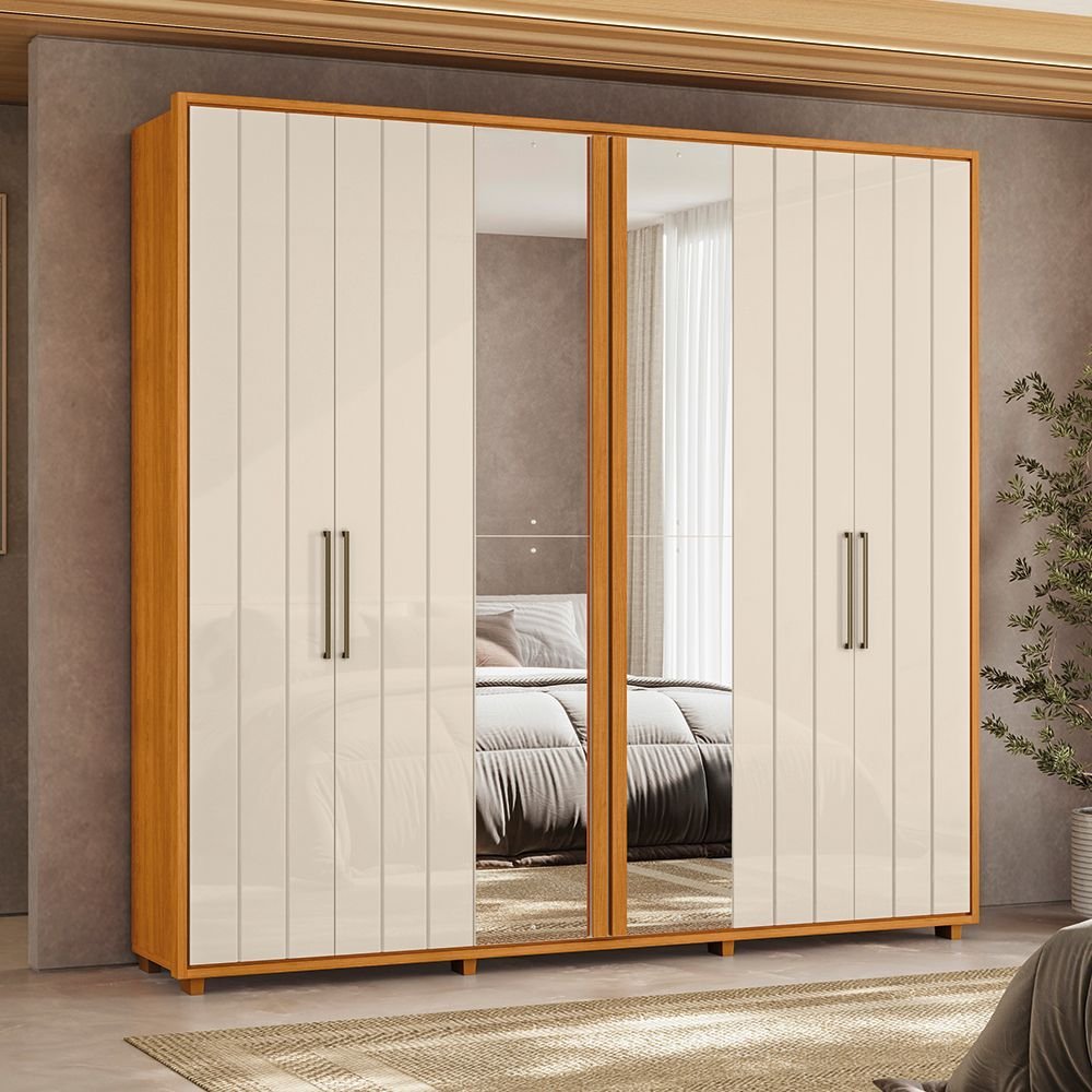 Guarda-Roupa Casal 6 Portas 100% MDF com Espelhos e Pés Miró Cinamomo/Off White Guarda-Roupa Casal 6 Portas 100% MDF com Espelhos e Pés Miró Cinamomo/Off White