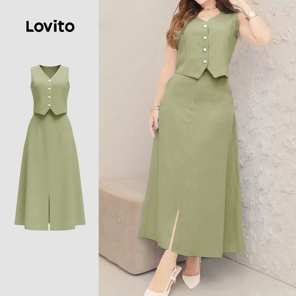 Lovito Tops ou calças elegantes primavera/verão saia verde tops ou calças para mulheres LK3LD474 Lovito Tops ou calças elegantes primavera/verão saia verde tops ou calças para mulheres LK3LD474