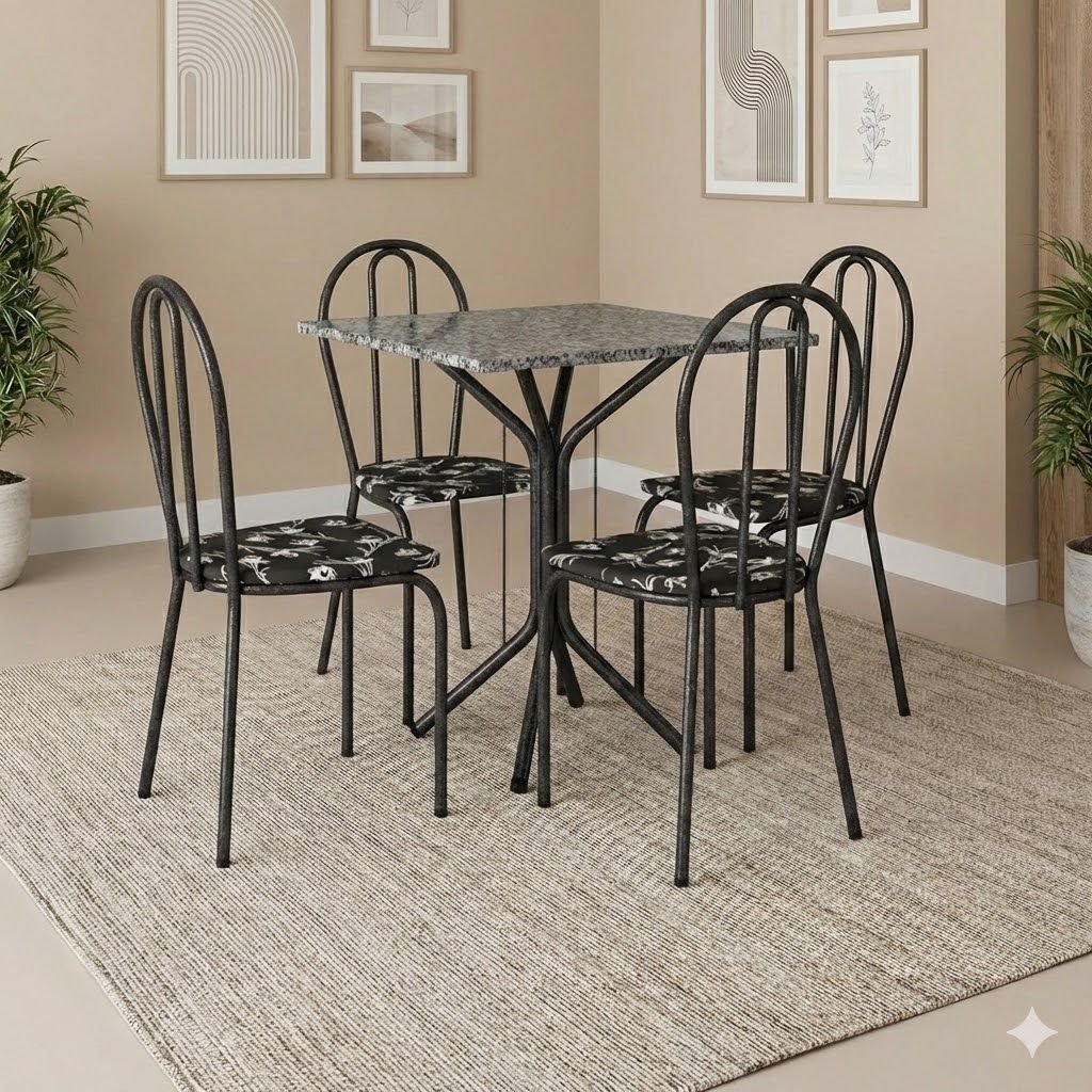 Conjunto Sala de Jantar 1 Mesa Tampo Granito Quadrado 4 Cadeiras Thais Cromo Preto/Preto Flor Conjunto Sala de Jantar 1 Mesa Tampo Granito Quadrado 4 Cadeiras Thais Cromo Preto/Preto Flor