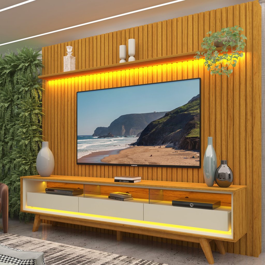 Rack com Painel Ripado para TV até 90 Polegadas com LED 100% MDF 229cmx250cm Pés em Madeira Maciça Elegance Yescasa Rack com Painel Ripado para TV até 90 Polegadas com LED 100% MDF 229cmx250cm Pés em Madeira Maciça Elegance Yescasa
