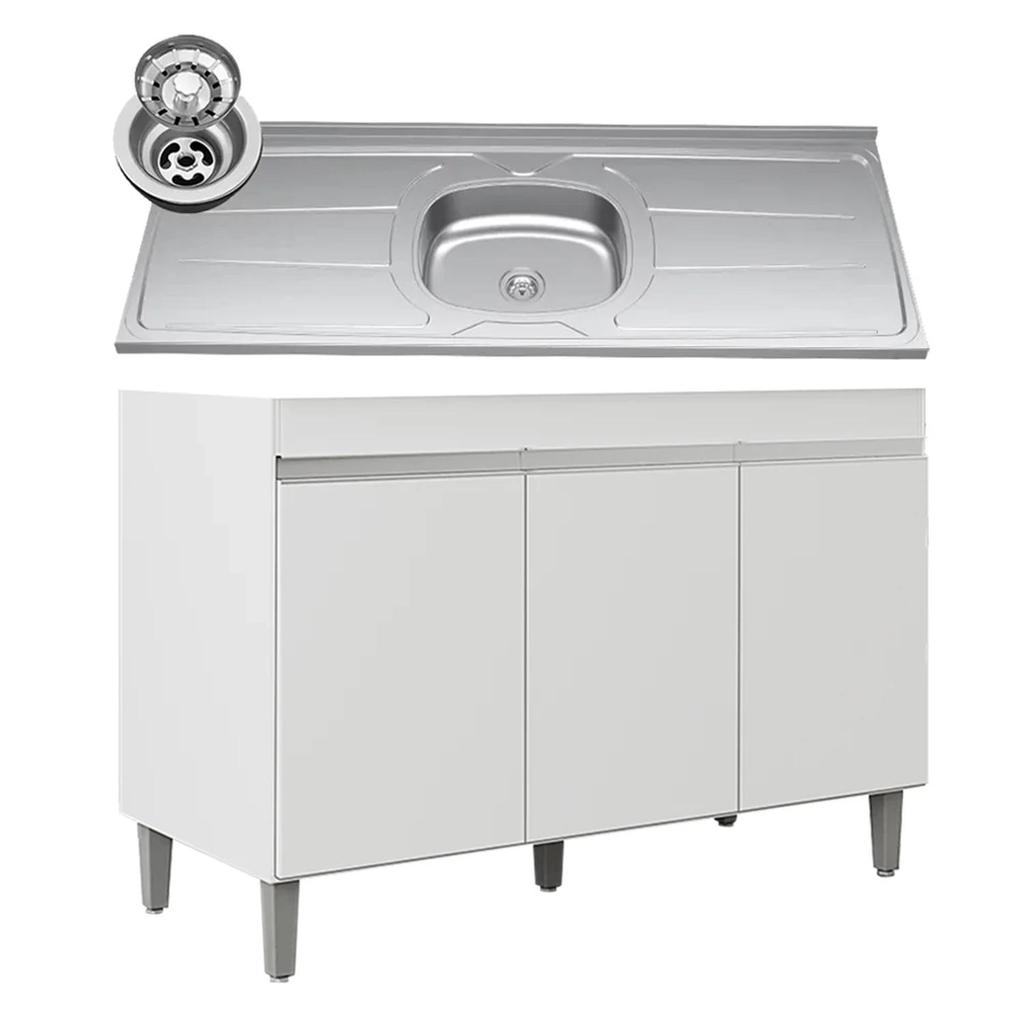 Balcão de Cozinha Com Pia Inox 120cm 3 Portas Manu Branco – AJL Móveis Balcão de Cozinha Com Pia Inox 120cm 3 Portas Manu Branco – AJL Móveis