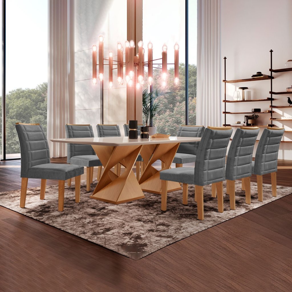 Conjunto Sala de Jantar Genova Tampo Vidro/mdf com 8 Cadeiras Genova Smart Plus Cinamomo/Off White/Grafite Conjunto Sala de Jantar Genova Tampo Vidro/mdf com 8 Cadeiras Genova Smart Plus Cinamomo/Off White/Grafite