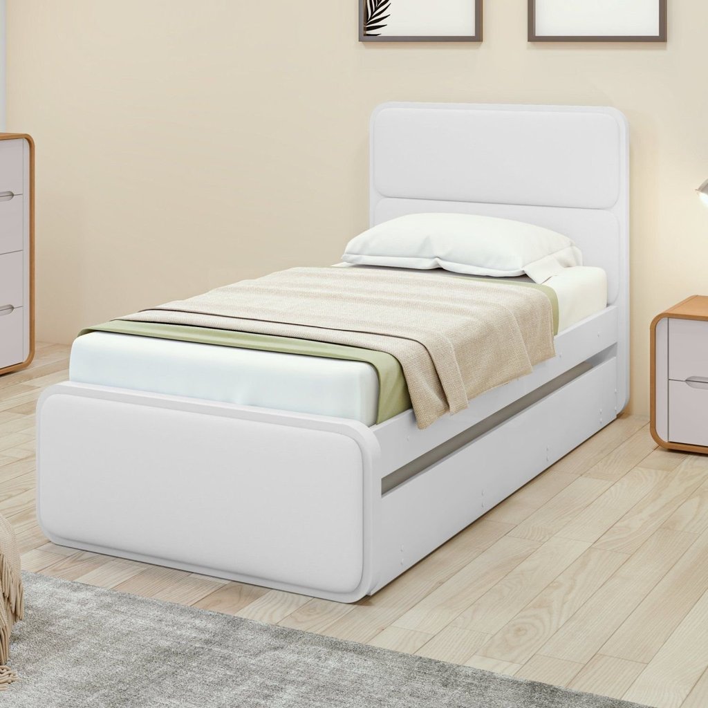 Cama Solteiro Loop Tecido Korino com Cama Auxiliar Branco Cama Solteiro Loop Tecido Korino com Cama Auxiliar Branco
