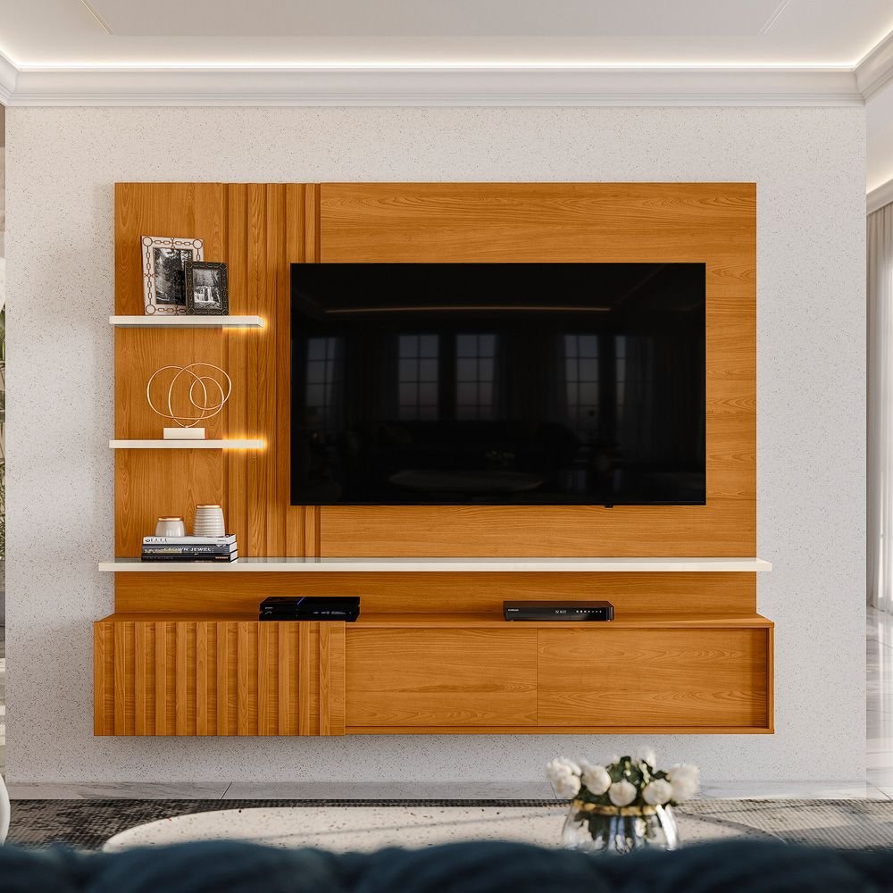Painel Ripado para TV até 65 Polegadas com LED 200cmx167,5cm 2 Portas Atena Cinamomo/Off White Painel Ripado para TV até 65 Polegadas com LED 200cmx167,5cm 2 Portas Atena Cinamomo/Off White