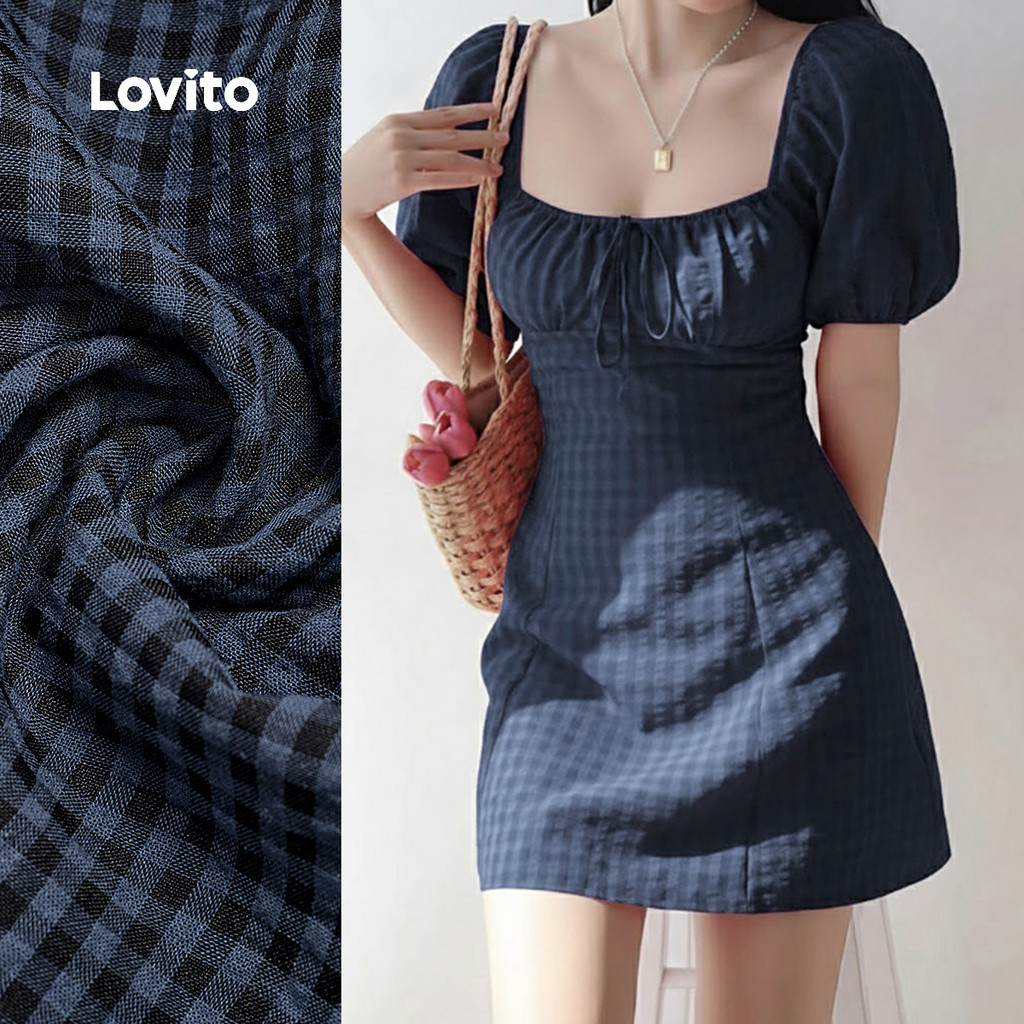 Lovito Vestido Casual Para Deslocamento Azul Jacquard Primavera/verão Para Mulheres L164ED070 Lovito Vestido Casual Para Deslocamento Azul Jacquard Primavera/verão Para Mulheres L164ED070
