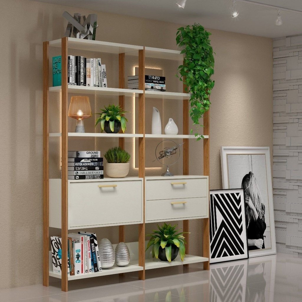Estante de Livros 100% MDF 144cmx185cm Estantes 2 Unidades Dalla Freijó/Off White Estante de Livros 100% MDF 144cmx185cm Estantes 2 Unidades Dalla Freijó/Off White