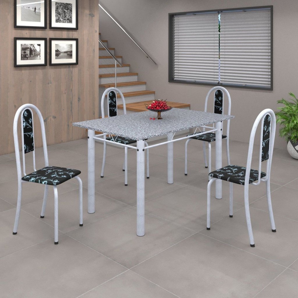 Conjunto de Mesa 120x75cm Tampo em Granito com 4 Cadeiras Iris A Preto Floral/Martelado Pérola/Granito Conjunto de Mesa 120x75cm Tampo em Granito com 4 Cadeiras Iris A Preto Floral/Martelado Pérola/Granito