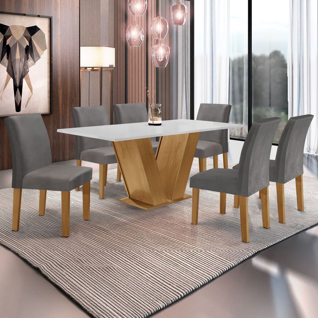 Conjunto Sala de Jantar Mesa 160x80cm Tampo Mdf com 6 Cadeiras Espanha Yescasa Ypê/Off White/Suede Cinza Conjunto Sala de Jantar Mesa 160x80cm Tampo Mdf com 6 Cadeiras Espanha Yescasa Ypê/Off White/Suede Cinza