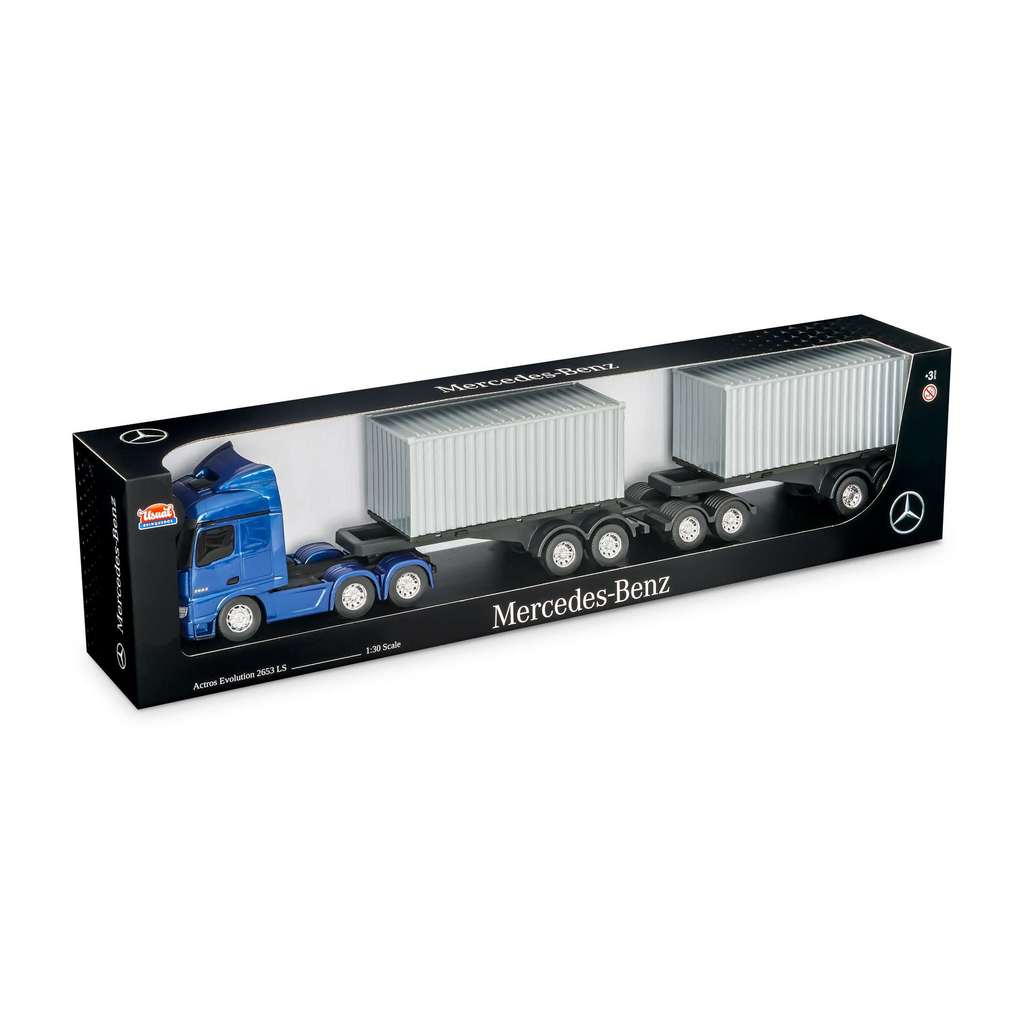 Caminhão infantil Menino Miniatura Mercedes Benz Actros Rodotrem Container Caminhão infantil Menino Miniatura Mercedes Benz Actros Rodotrem Container