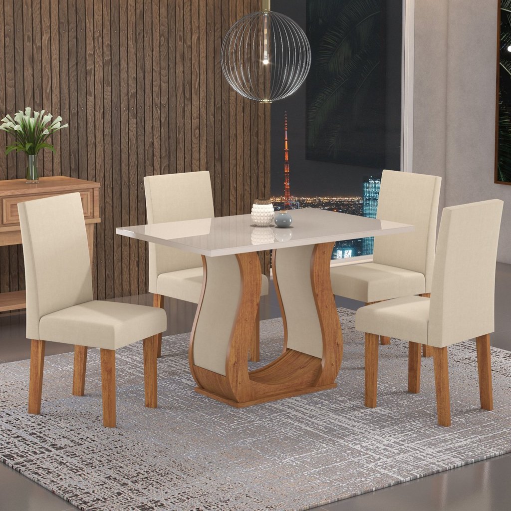 Conjunto Sala de Jantar Mesa Inovare 120x80cm Tampo Vidro/MDP com 4 Cadeiras Venus Móveis Mel/Off White/Bege Conjunto Sala de Jantar Mesa Inovare 120x80cm Tampo Vidro/MDP com 4 Cadeiras Venus Móveis Mel/Off White/Bege