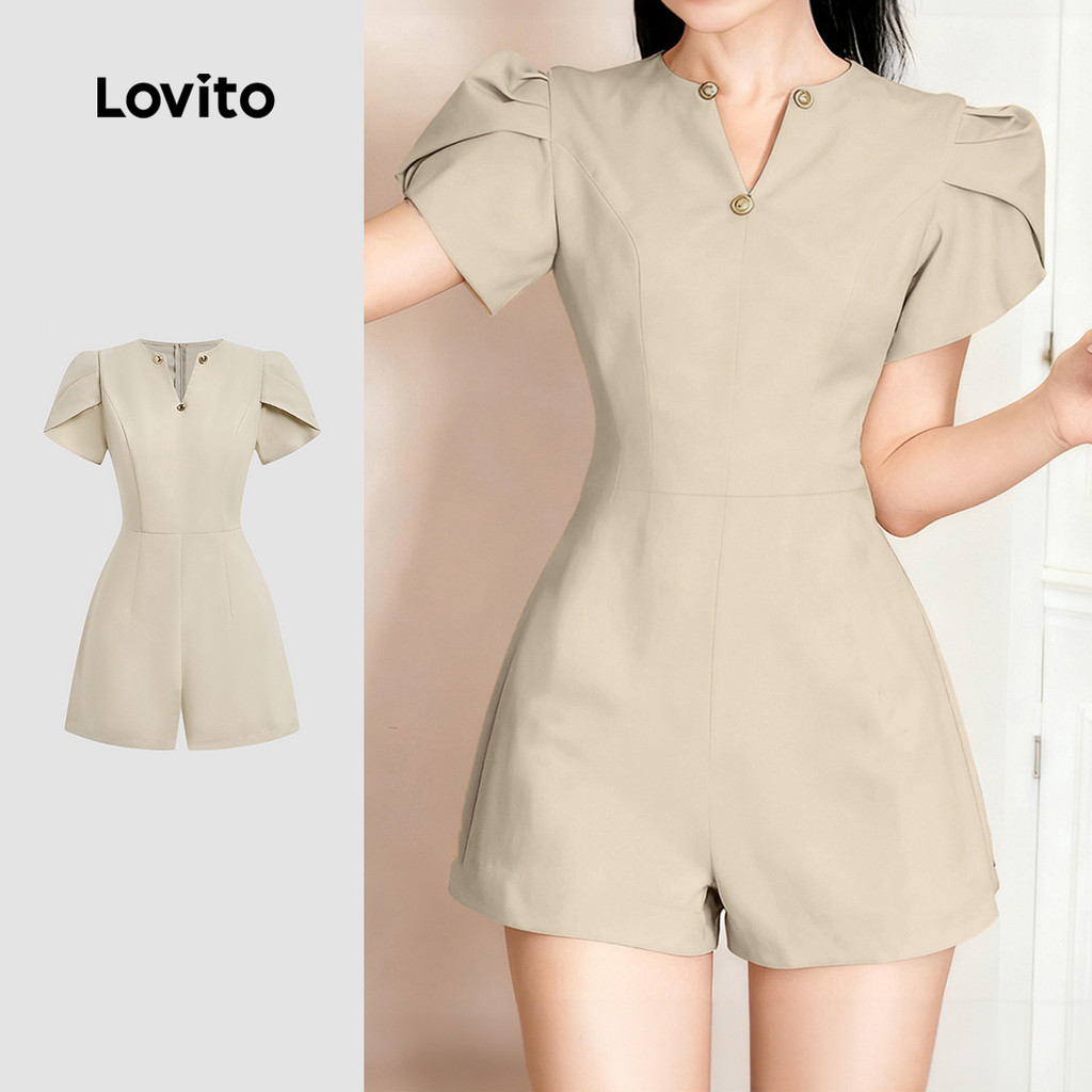 Lovito Macacão Elegante com Botões Linha Cor Bege Claro Macacão feminino. L171AD090 Lovito Macacão Elegante com Botões Linha Cor Bege Claro Macacão feminino. L171AD090