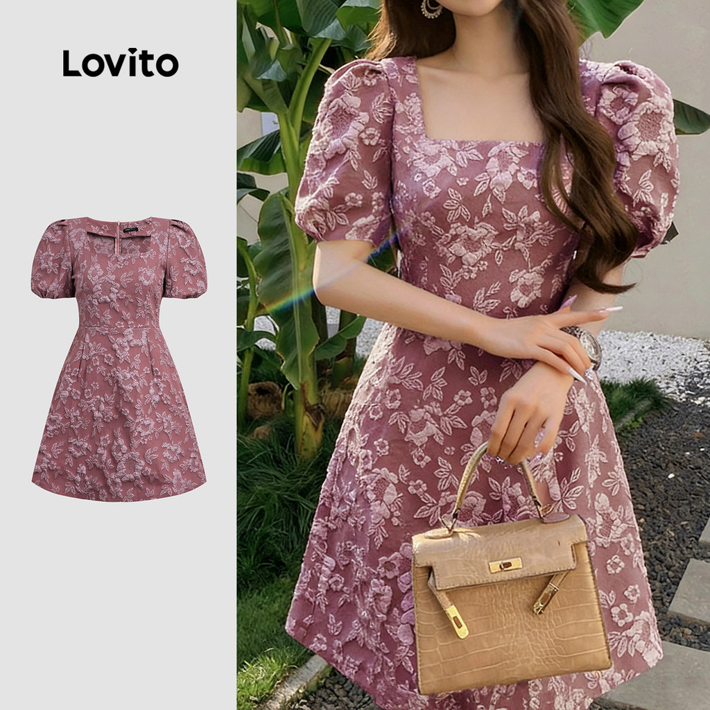 Lovito Vestido Elegante Jacquard Babado Barra Primavera/verão Vestido Rosa para Mulheres LK4ED746 Lovito Vestido Elegante Jacquard Babado Barra Primavera/verão Vestido Rosa para Mulheres LK4ED746