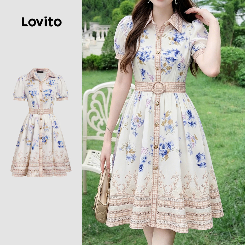 Lovito Vestido Boho com cinto estilo nacional vestido primavera/verão para mulheres LK3ED163 Lovito Vestido Boho com cinto estilo nacional vestido primavera/verão para mulheres LK3ED163
