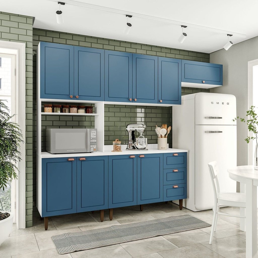 Cozinha Completa 280cm com Tampo 4 Peças Pérola Yescasa Branco/Azul Cozinha Completa 280cm com Tampo 4 Peças Pérola Yescasa Branco/Azul