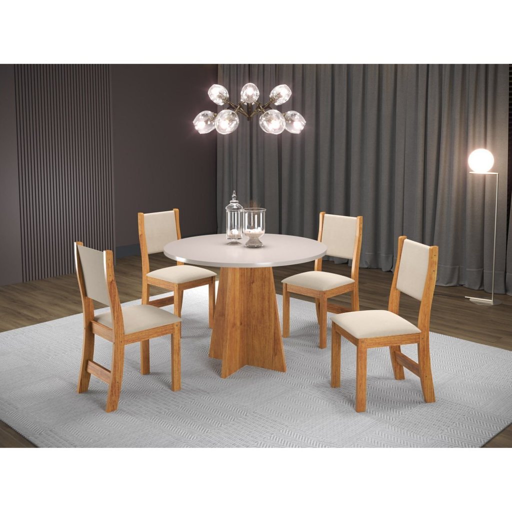 Conjunto Sala de Jantar Mesa Chilli 90cm Tampo Redondo com 4 Cadeiras Sol Mel/Blonde/Bege Conjunto Sala de Jantar Mesa Chilli 90cm Tampo Redondo com 4 Cadeiras Sol Mel/Blonde/Bege