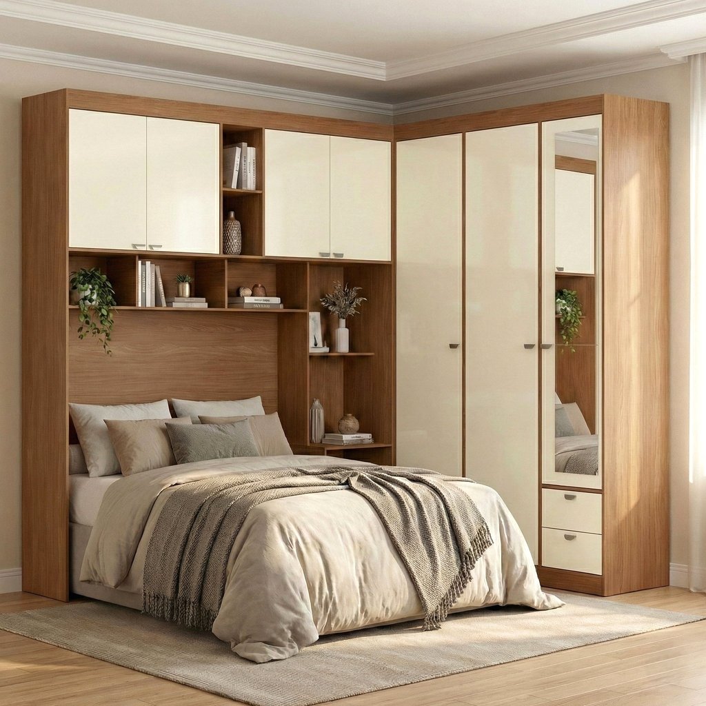 Guarda Roupa Casal Modulado com Espelho e Cabeceira 7 Portas 4 Gavetas Lugano Jatoba/Areia Guarda Roupa Casal Modulado com Espelho e Cabeceira 7 Portas 4 Gavetas Lugano Jatoba/Areia