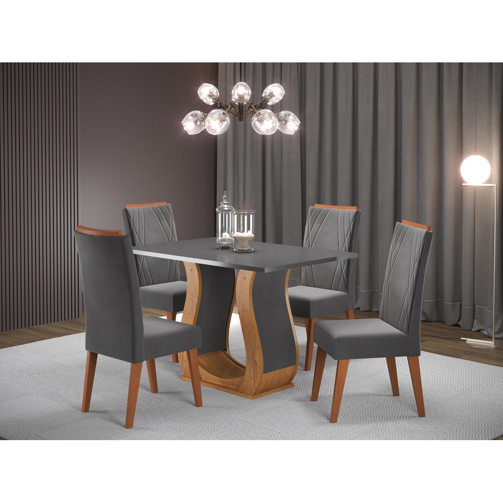 Conjunto de Mesa de Jantar Retangular em Madeira Maciça com 4 Cadeiras Nubia Vegas Mel/Cinza/Grafite Conjunto de Mesa de Jantar Retangular em Madeira Maciça com 4 Cadeiras Nubia Vegas Mel/Cinza/Grafite