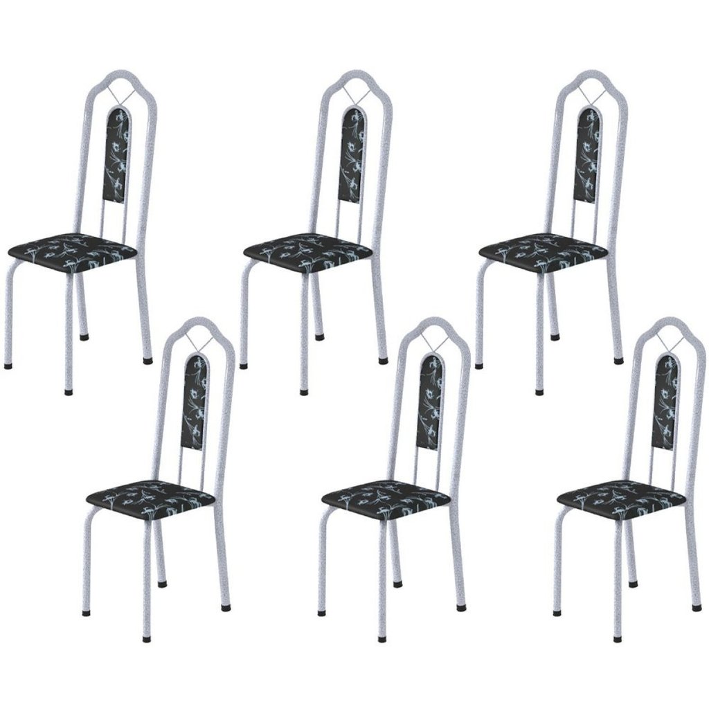 Kit 6 Cadeiras Tubular Bianca Martelado Pérola/Preto Floral Kit 6 Cadeiras Tubular Bianca Martelado Pérola/Preto Floral