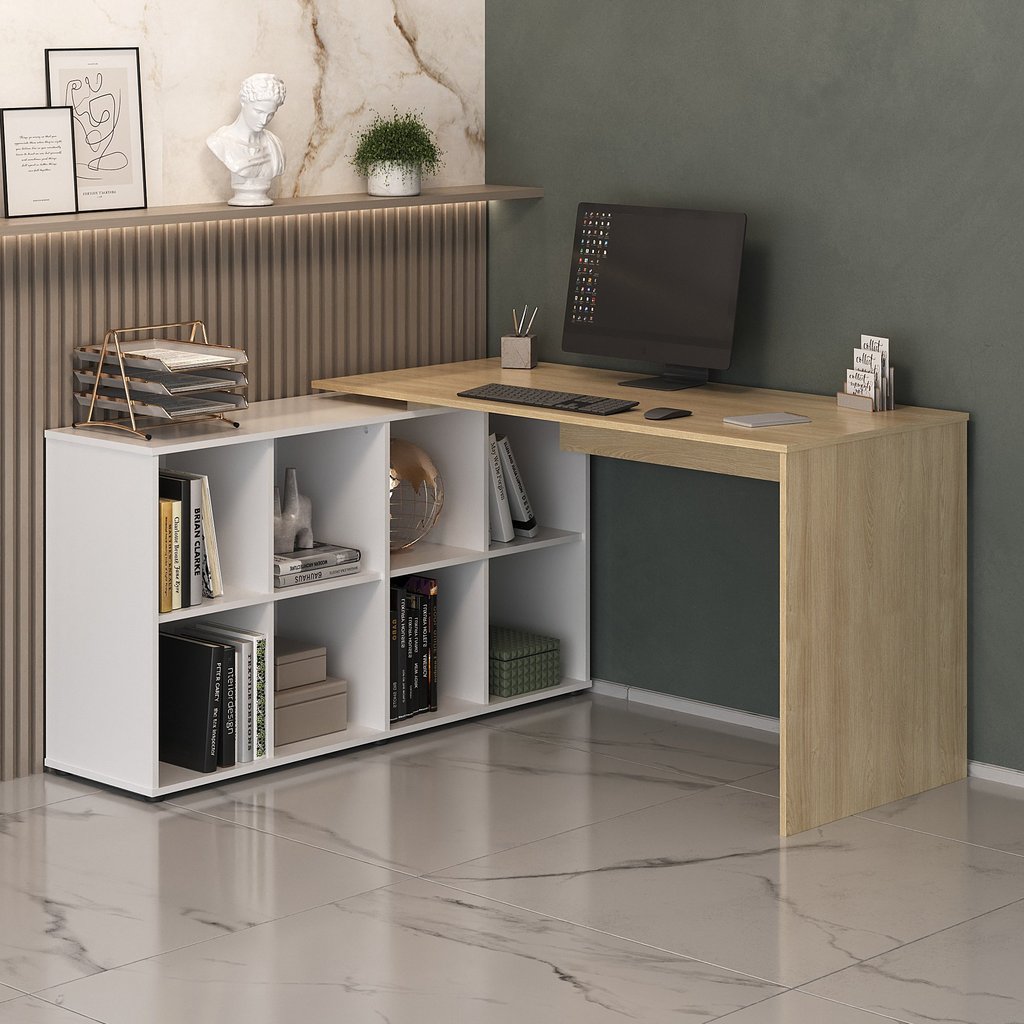 Escrivaninha Mesa Escritório Ergonômica e Atemporal em L com para Armazenamento Nero 8 Nichos 135cm Carvalho E Branco