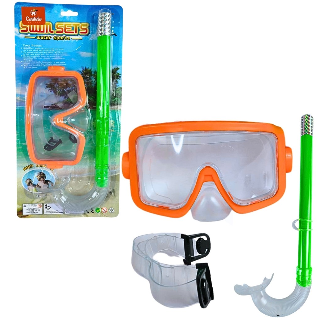 Kit Mergulho Infantil Snorkel Laranja Verde Piscina Castela Kit Mergulho Infantil Snorkel Laranja Verde Piscina Castela