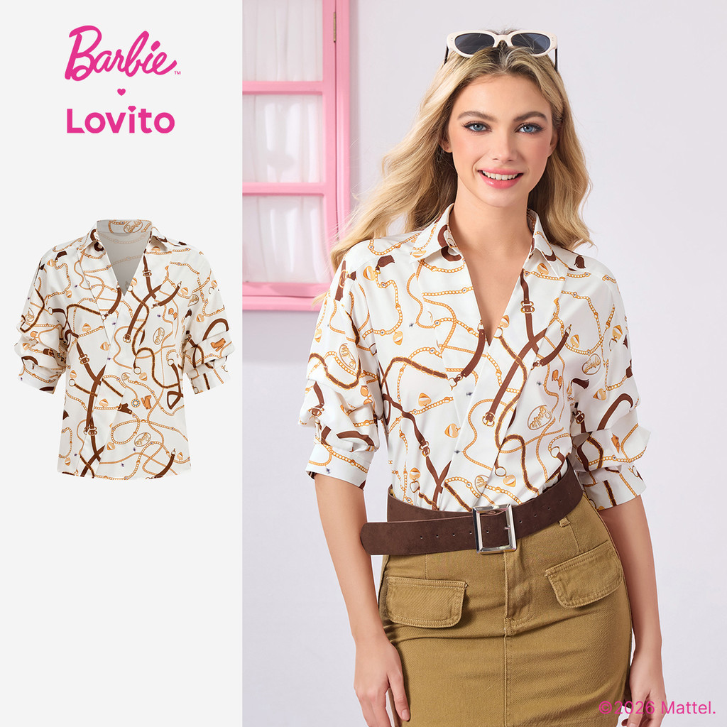 Barbie™ X Lovito Blusa Casual com Pregas Padrão – Blusa Primavera/verão para Mulheres BLBL3PAD035 Barbie™ X Lovito Blusa Casual com Pregas Padrão – Blusa Primavera/verão para Mulheres BLBL3PAD035