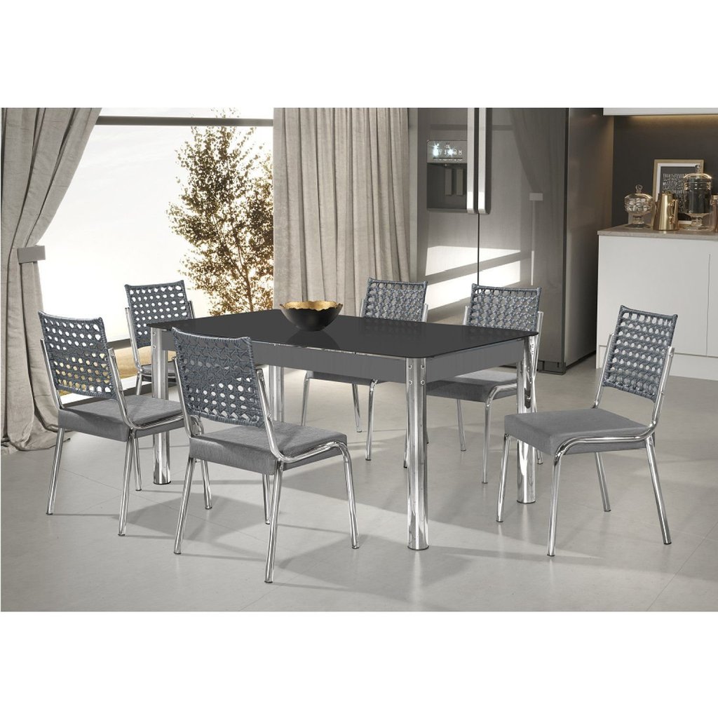 Conjunto Sala de Jantar Mesa Natani 160x90cm com 6 Cadeiras Natani Junco Yescasa Cinza/Preto/Cromado Conjunto Sala de Jantar Mesa Natani 160x90cm com 6 Cadeiras Natani Junco Yescasa Cinza/Preto/Cromado