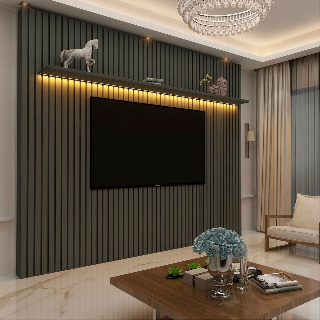 Painel Ripado para TV até 90 Polegadas com LED 100% MDF 230cmx250cm Nobre Grafite Painel Ripado para TV até 90 Polegadas com LED 100% MDF 230cmx250cm Nobre Grafite