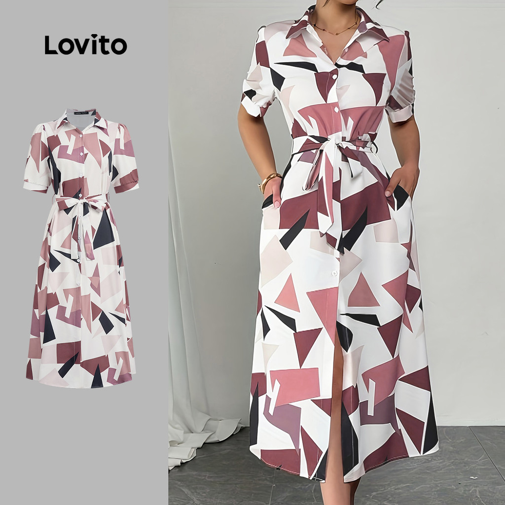 Lovito Vestido Boho Geométrico com Botões Frontais para Primavera/verão para Mulheres LK4LD358 Lovito Vestido Boho Geométrico com Botões Frontais para Primavera/verão para Mulheres LK4LD358